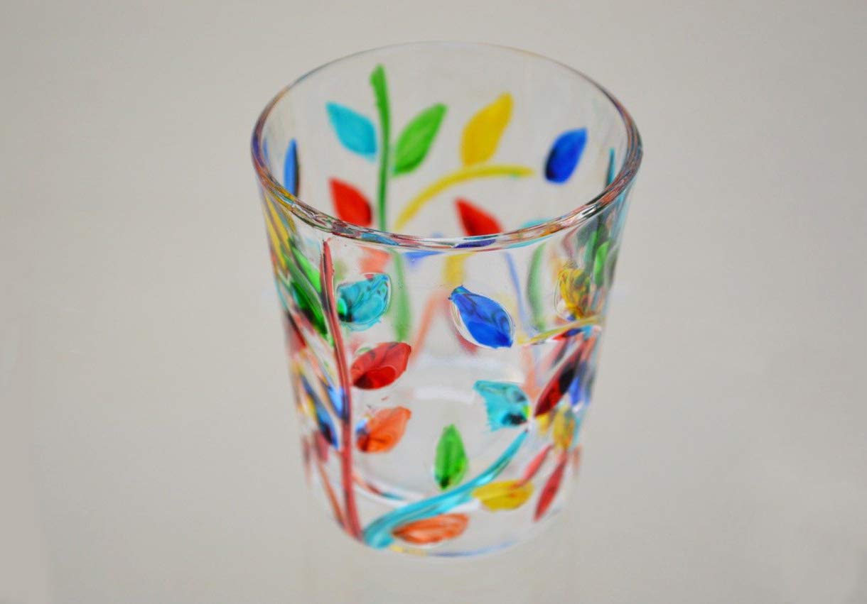 Murano Glass Italian Crystal Shot Glasses, Hand Painted Flowervine Pattern, Set of 6 - Made In Italy