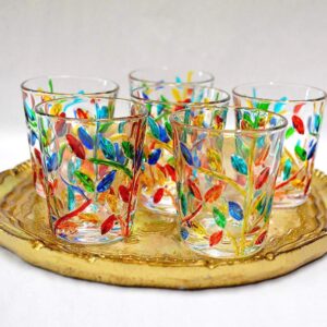 Murano Glass Italian Crystal Shot Glasses, Hand Painted Flowervine Pattern, Set of 6 - Made In Italy