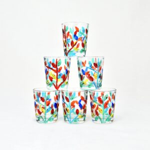 Murano Glass Italian Crystal Shot Glasses, Hand Painted Flowervine Pattern, Set of 6 - Made In Italy