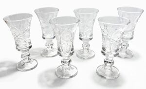 shot glass vintage embossed sunflower design pressed clear glass mini 1.3 ounce goblets made of lead-free borosilicate glass set of six perfect for serving your favorite cordial or apres dinner drink