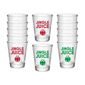 let's get lit - red christmas shot glasses - set of 12 glass party shot cups with double-sided prints - holiday cocktail glasses for drinking liquor, tequila, vodka
