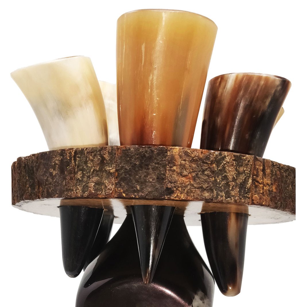 SIXTH SENSE Buffalo Horn Shot Glass Rack -Set of 6 Authentic 2 oz. Horn Shot Glasses with Premium Wooden Rack to hold Glass on Bottal Neck(No bottal included)