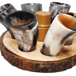 SIXTH SENSE Buffalo Horn Shot Glass Rack -Set of 6 Authentic 2 oz. Horn Shot Glasses with Premium Wooden Rack to hold Glass on Bottal Neck(No bottal included)