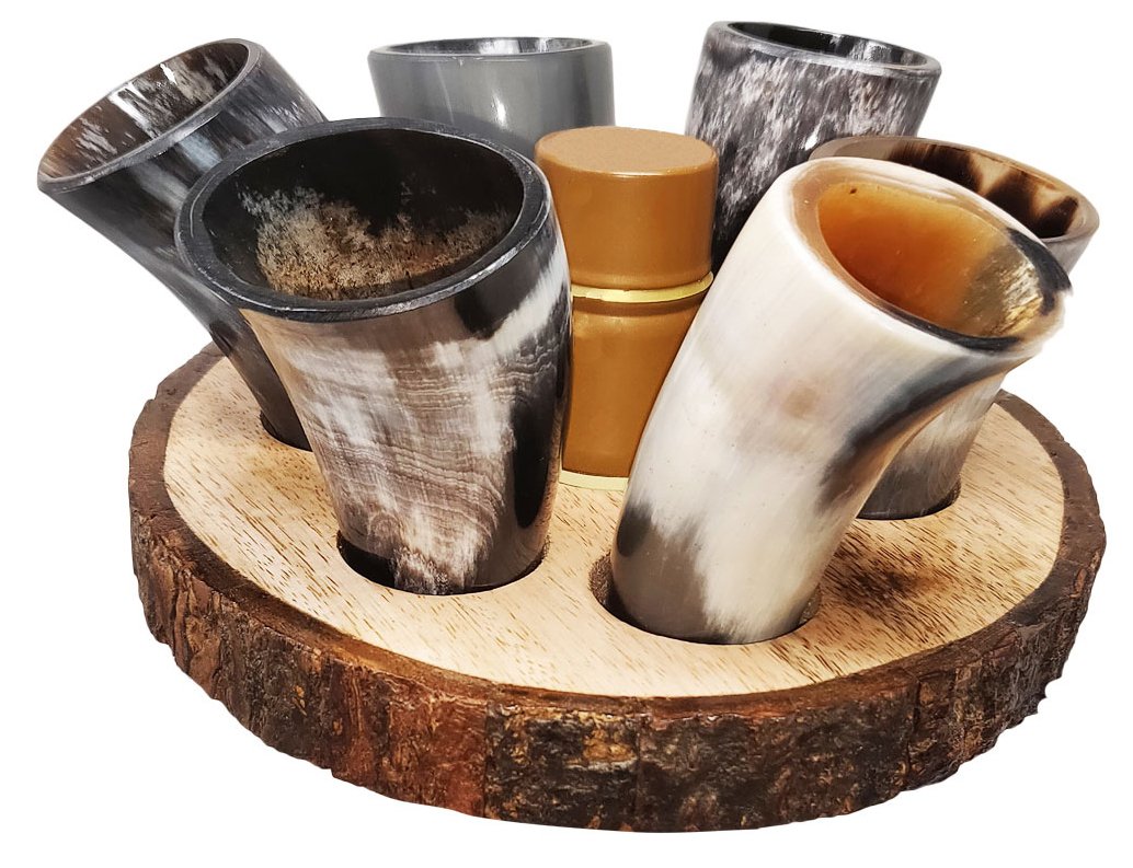 SIXTH SENSE Buffalo Horn Shot Glass Rack -Set of 6 Authentic 2 oz. Horn Shot Glasses with Premium Wooden Rack to hold Glass on Bottal Neck(No bottal included)