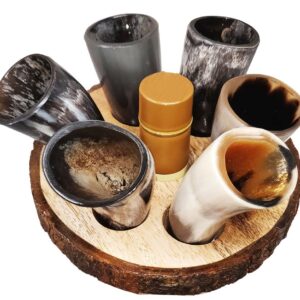 SIXTH SENSE Buffalo Horn Shot Glass Rack -Set of 6 Authentic 2 oz. Horn Shot Glasses with Premium Wooden Rack to hold Glass on Bottal Neck(No bottal included)