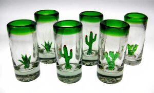 eye4art shot glasses, dos three amigos cactus, green rim, mexico set of 6