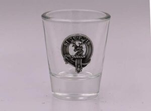 clan crest shot glass colquhoun, 1.5 ounce whiskey shot glass with 3/4 inch pewter clan crest