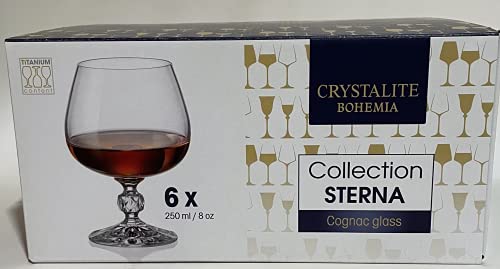 Czech Bohemian Crystal Glass Set of 6 Snifter Glasses 8oz250ml.Vintage Design Sterna Elegant Stem Goblets Cognac Brandy Calvados Whiskey Gift Birthday Wedding Housewarming Anniversaries, Clear
