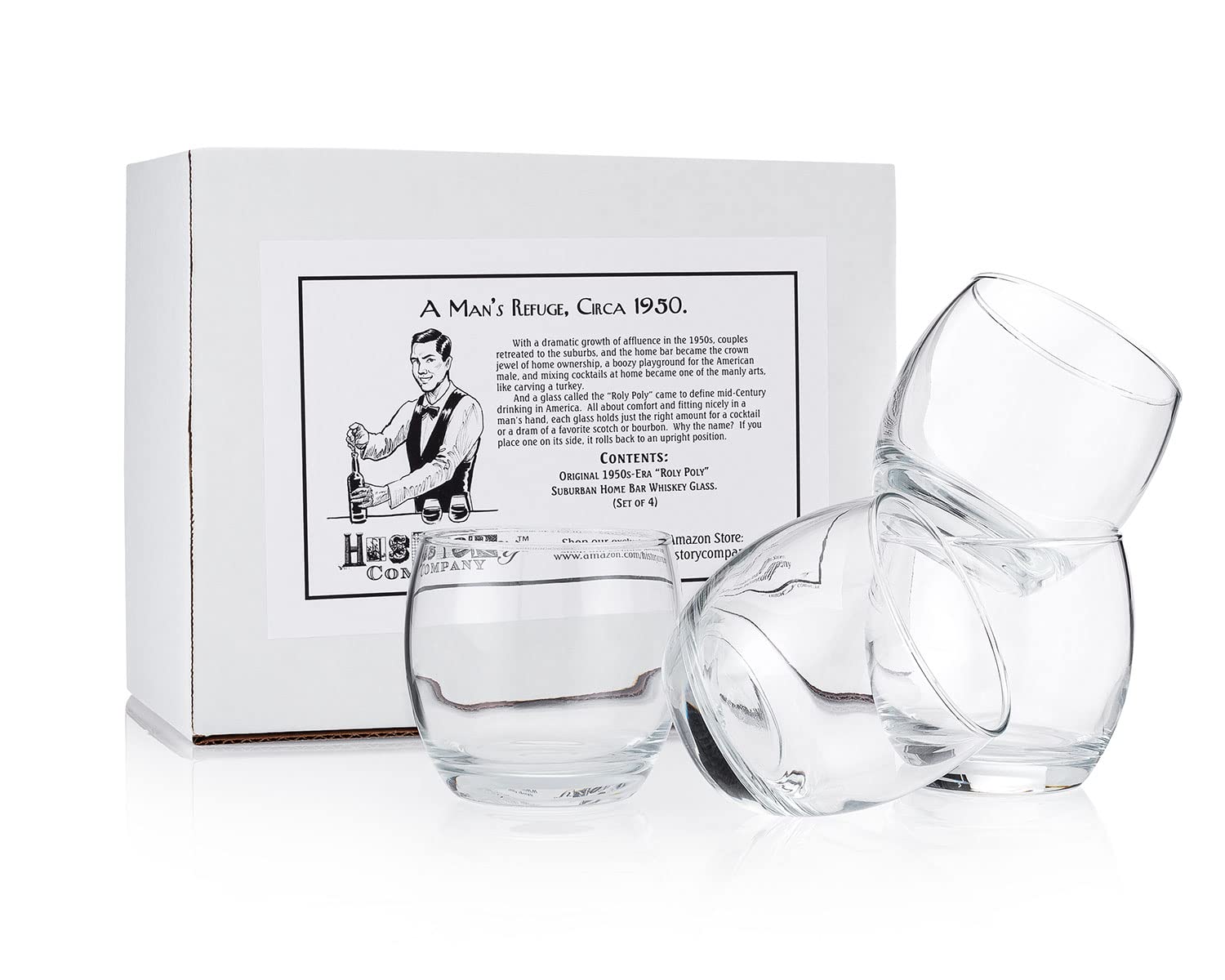 HISTORY COMPANY Original 1950s-Era “Roly Poly” Suburban Home Bar Whiskey Glass, 4.-Piece Set (Gift Box Collection)