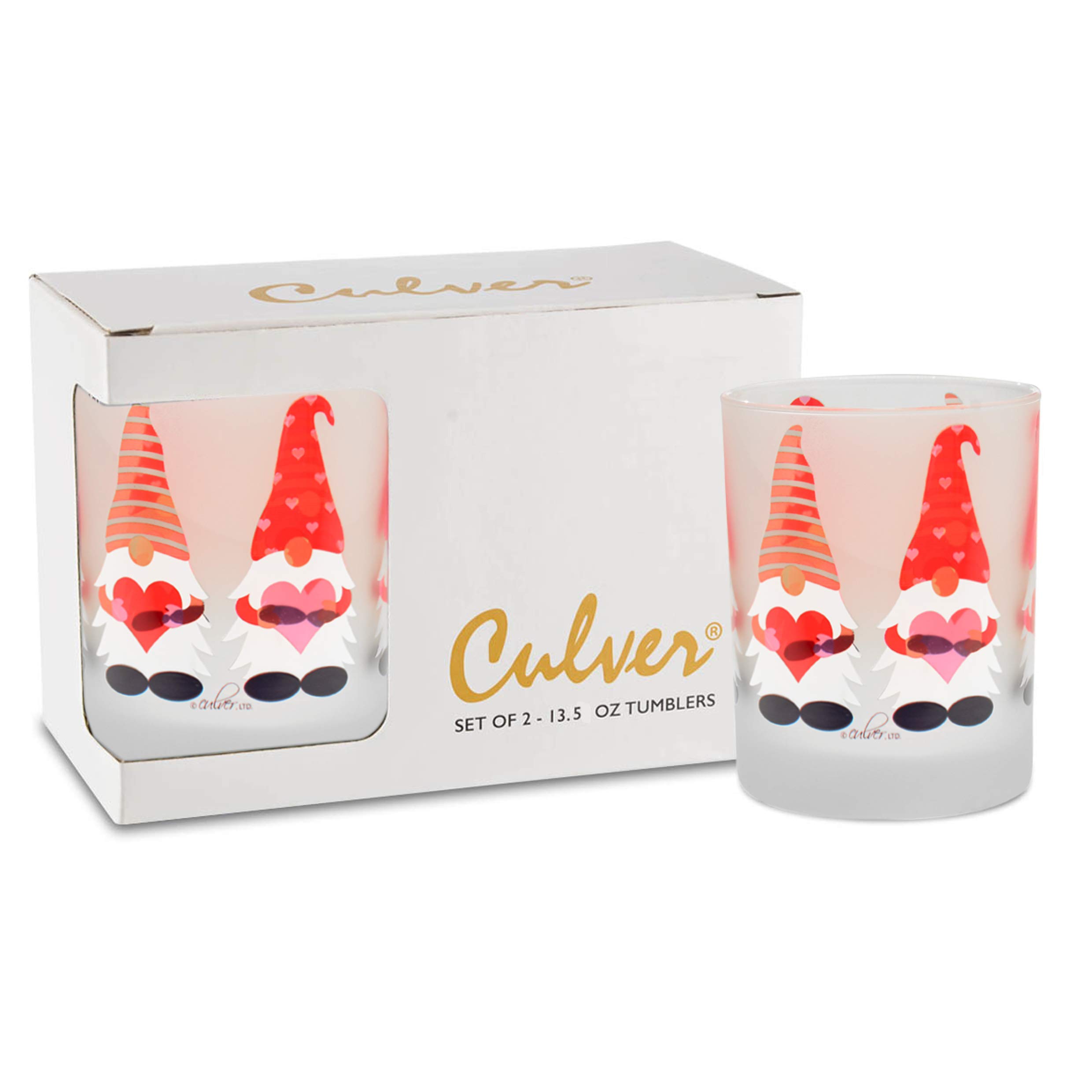 Culver Valentine Decorated Frosted Double Old Fashioned Tumbler Glasses, 13.5-Ounce, Gift Boxed Set of 2 (Valentine's Gnomes Holding Hearts)