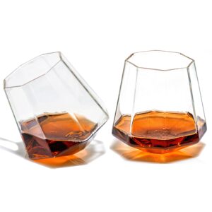 prestige decanters diamond whiskey glasses - rocks glass for rum, tequila, scotch glasses - whiskey gifts - 10oz cocktail, lowball, old fashioned glass (set of 2) unique bar decor & bourbon gifts