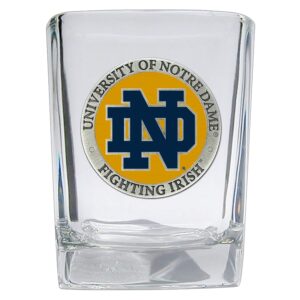 heritage pewter notre dame square shot glass | hand-sculpted 1.5 ounce shot glass | intricately crafted metal pewter alma mater inlay