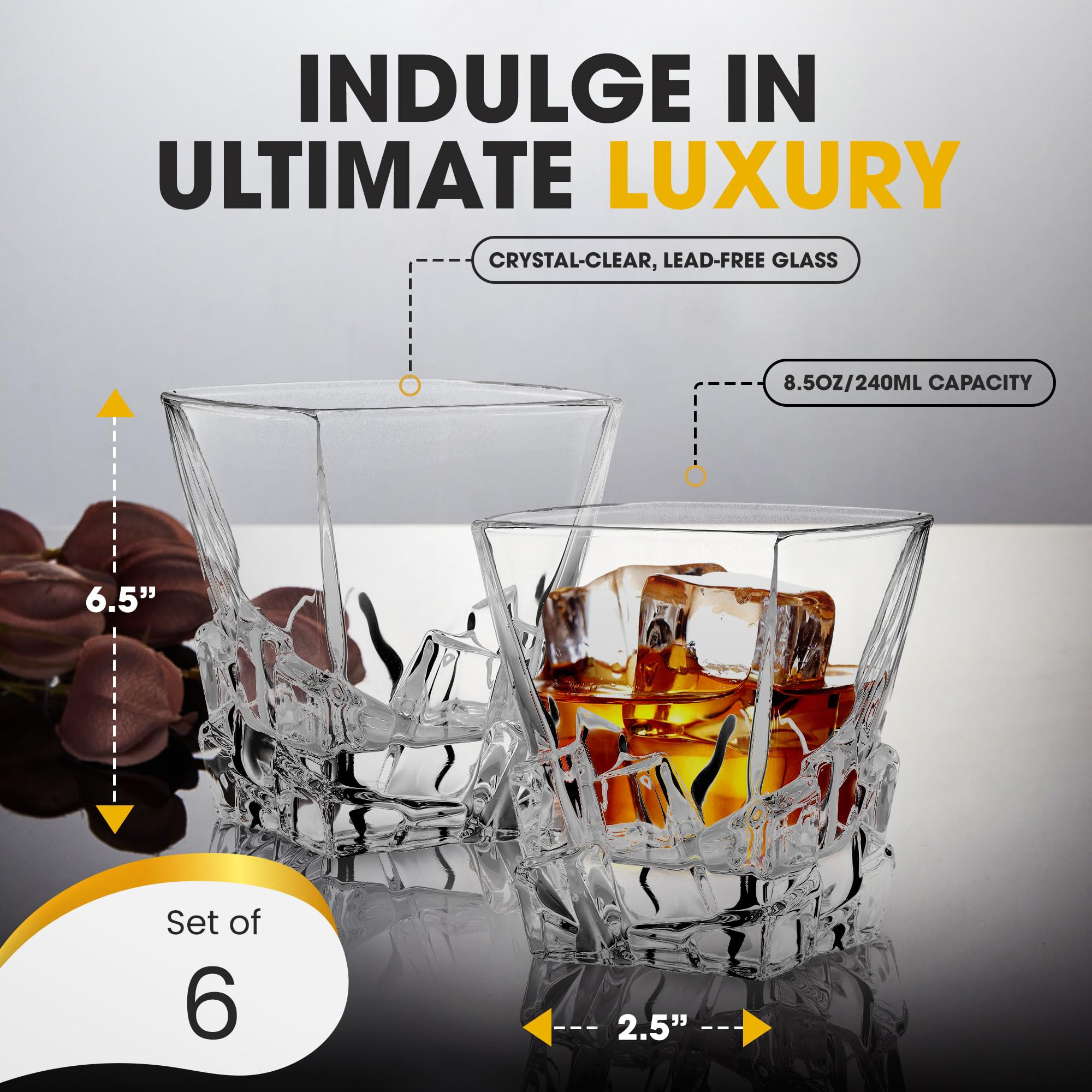 BERKWARE Lowball Whiskey Glasses - Clear Old Fashioned Glasses with Square Top Design for Bourbon, Scotch & More, 9.5oz each (Set of 6)