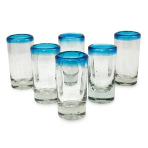 novica hand blown clear blue rim recycled glass shot glasses, 3 oz 'aquamarine' (set of 6)