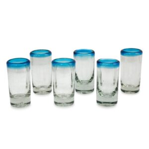 NOVICA Hand Blown Clear Blue Rim Recycled Glass Shot Glasses, 3 Oz 'Aquamarine' (Set Of 6)