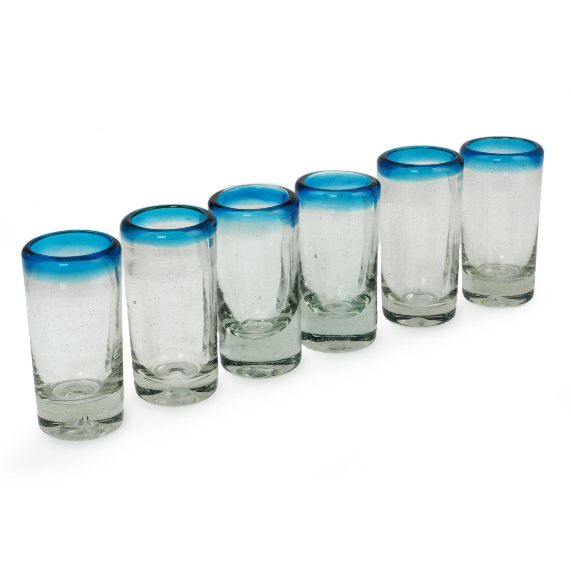 NOVICA Hand Blown Clear Blue Rim Recycled Glass Shot Glasses, 3 Oz 'Aquamarine' (Set Of 6)