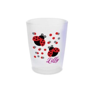 personalized custom text two cute ladybugs ceramic shot glass cup