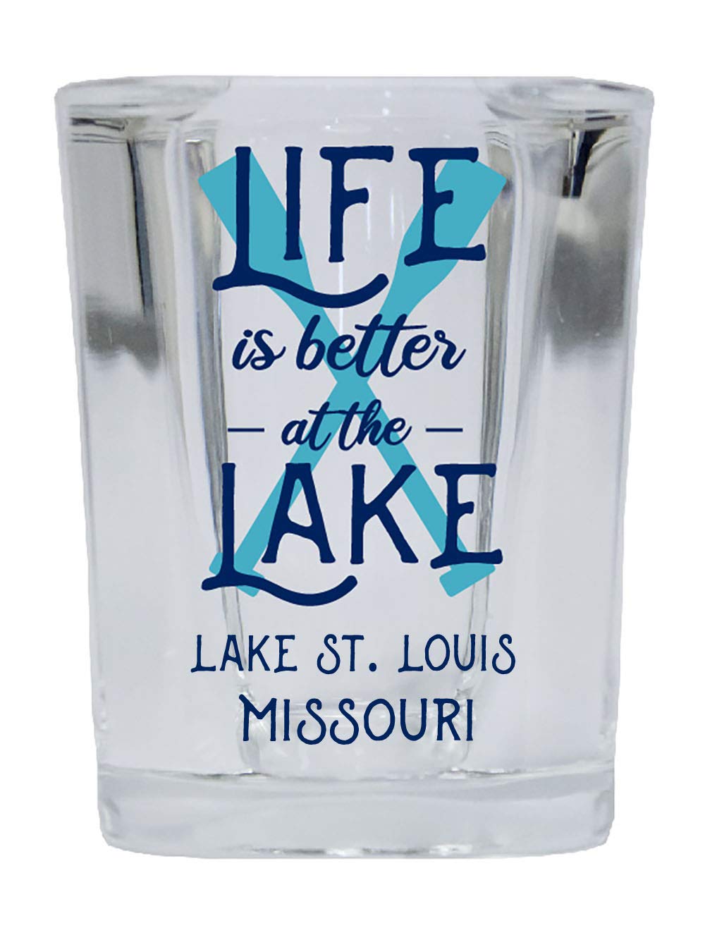 R and R Imports Lake St. Louis Missouri Souvenir 2 Ounce Square Base Liquor Shot Glass Paddle Design