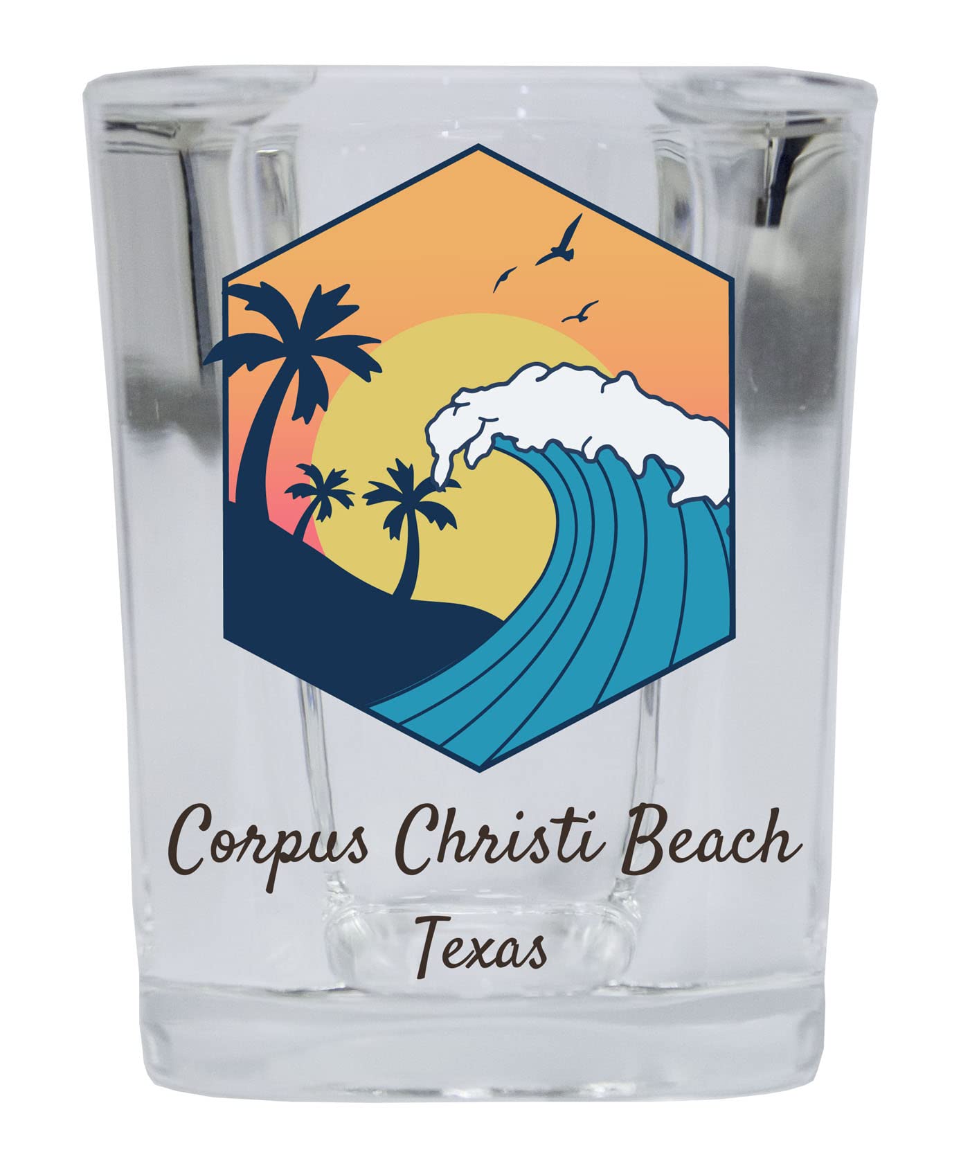 R and R Imports Corpus Christi Beach Texas Souvenir 2 Ounce Square Base Shot Glass Wave Design Single