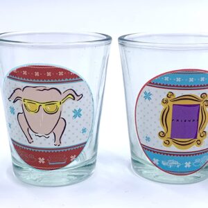 Friends The Television Series Set Of Four Shot Glasses! Featuring The Holiday Armadillo, The Thanksgiving Turkey, Central Perk Logo And Infamous Picture Frame! Fiends TV Show Inspired Glassware Set!