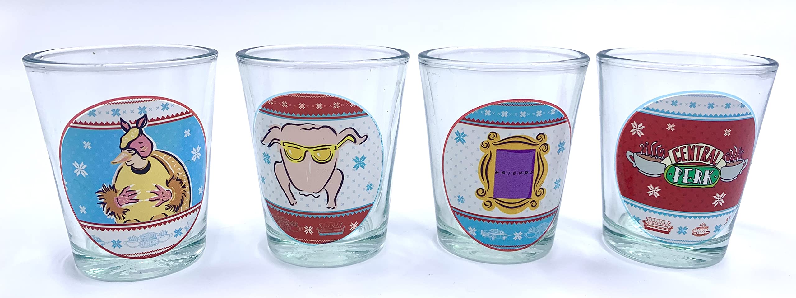 Friends The Television Series Set Of Four Shot Glasses! Featuring The Holiday Armadillo, The Thanksgiving Turkey, Central Perk Logo And Infamous Picture Frame! Fiends TV Show Inspired Glassware Set!