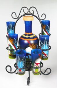 eye4art mexican tequila shot glasses and bottle set, tequila making scene, poncho with agave cactus hand painted bottle, with display stand