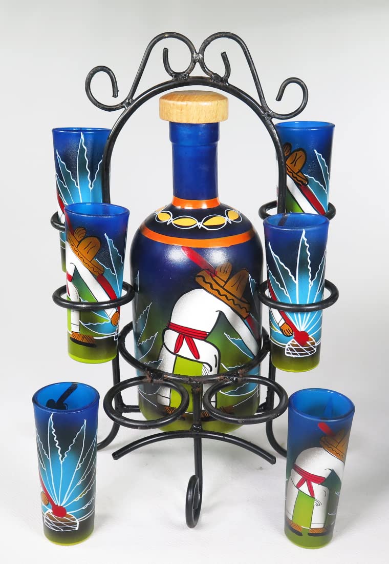 Eye4Art Mexican Tequila Shot Glasses and Bottle Set, Tequila Making Scene, Poncho with Agave Cactus hand painted Bottle, with display stand