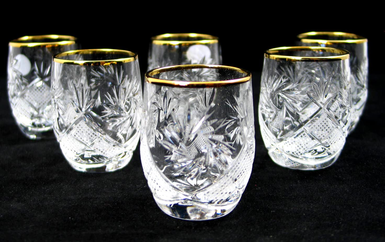SET of 6 Russian Cut Crystal Shot Shooter Glasses 24K Gold Rimmed 1.7 Oz. Vodka Liquor Old-fashioned Glassware Hand Made