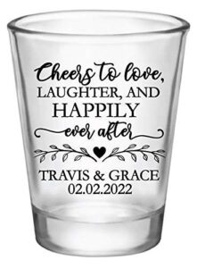 personalized wedding shot glasses, cheers to love laughter and happily ever after, wedding favors for guests in bulk, wedding shot glasses bulk, personalized wedding favors