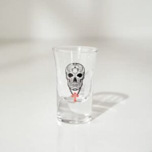 de la Cruz Tequila Mexican Tequila Sugar Skull Shot Glasses, Set of 6, Heavy Base, Bar Party, Gift for Family and Friends