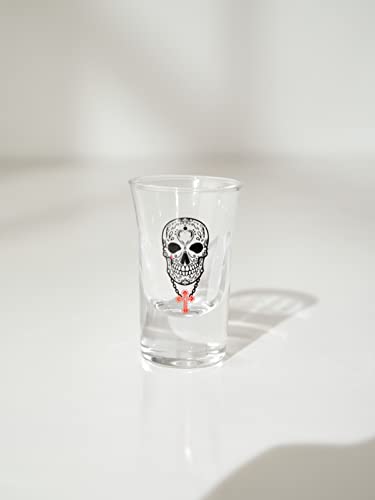 de la Cruz Tequila Mexican Tequila Sugar Skull Shot Glasses, Set of 6, Heavy Base, Bar Party, Gift for Family and Friends