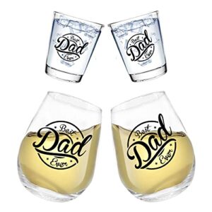 bisyata best dad - wine glasses & shot glasses gift set - best dad ever - unique novelty gift for fathers day, birthday. two-11oz wine glasses and two-2oz shot glasses - with gift box