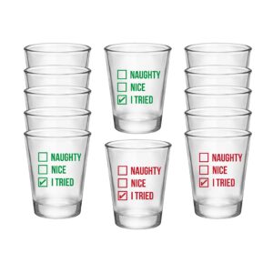 naughty, nice, i tried 6 red and 6 green christmas shot glasses - set of 12 glass party shot cups with double-sided prints - holiday cocktail glasses for drinking liquor, tequila, vodka