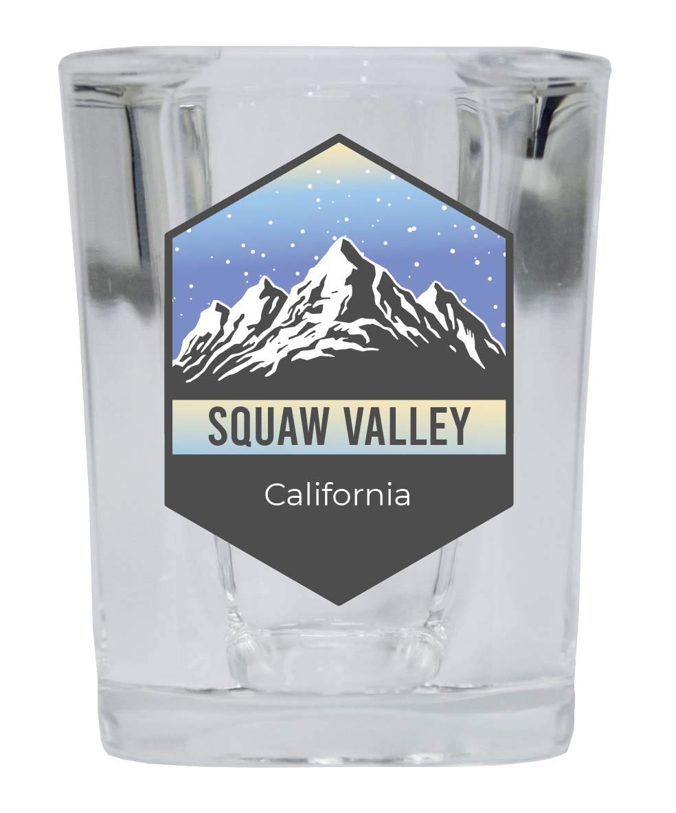 R and R Imports Squaw Valley California Ski Adventures 2 Ounce Square Base Liquor Shot Glass