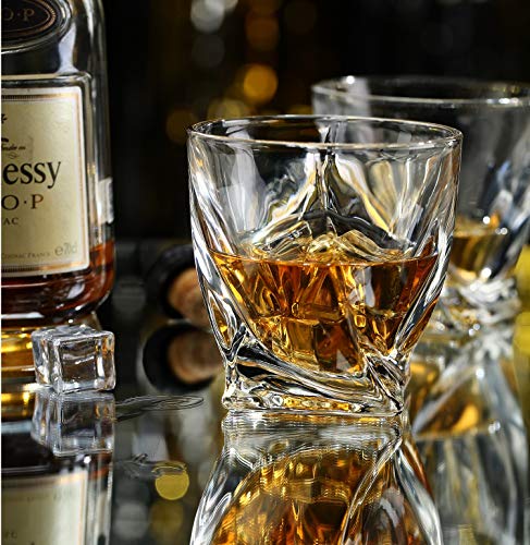 Fermus Crystal Whiskey Glasses - Twist Design Tumbler- Set of 4 - Each 10 oz Rocks Thickness Glassware, Ideal Gift for Scotch, Cognac, Bourbon or Classic Old Fashioned Cocktails Drinkers