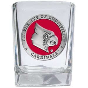 heritage pewter louisville square shot glass | hand-sculpted 1.5 ounce shot glass | intricately crafted metal pewter alma mater inlay