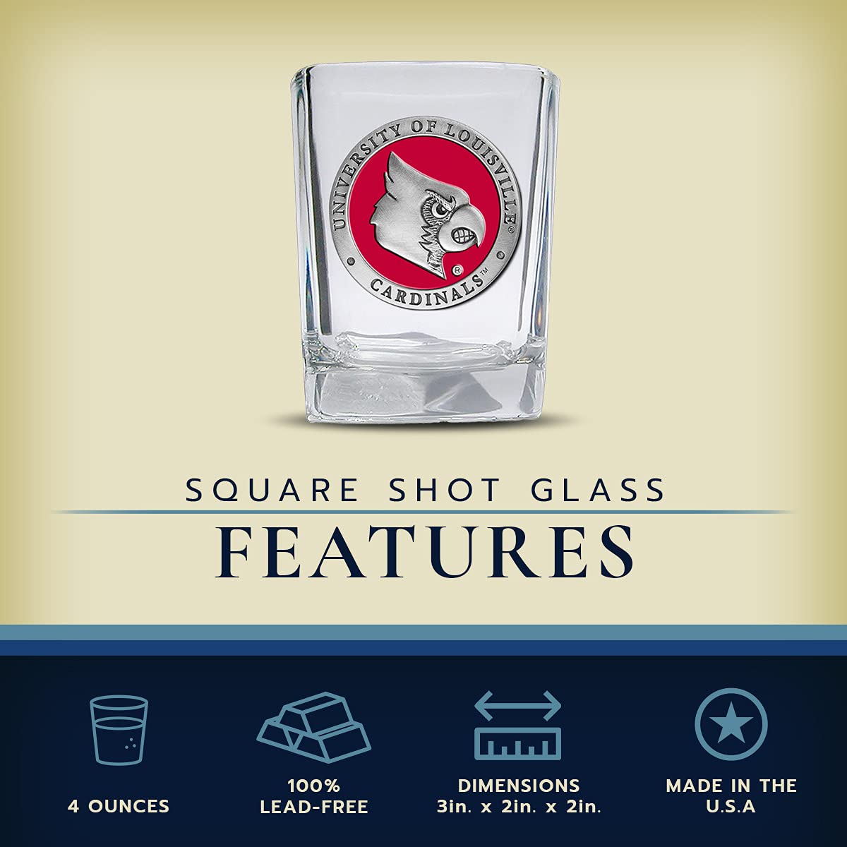 Heritage Pewter Louisville Square Shot Glass | Hand-Sculpted 1.5 Ounce Shot Glass | Intricately Crafted Metal Pewter Alma Mater Inlay