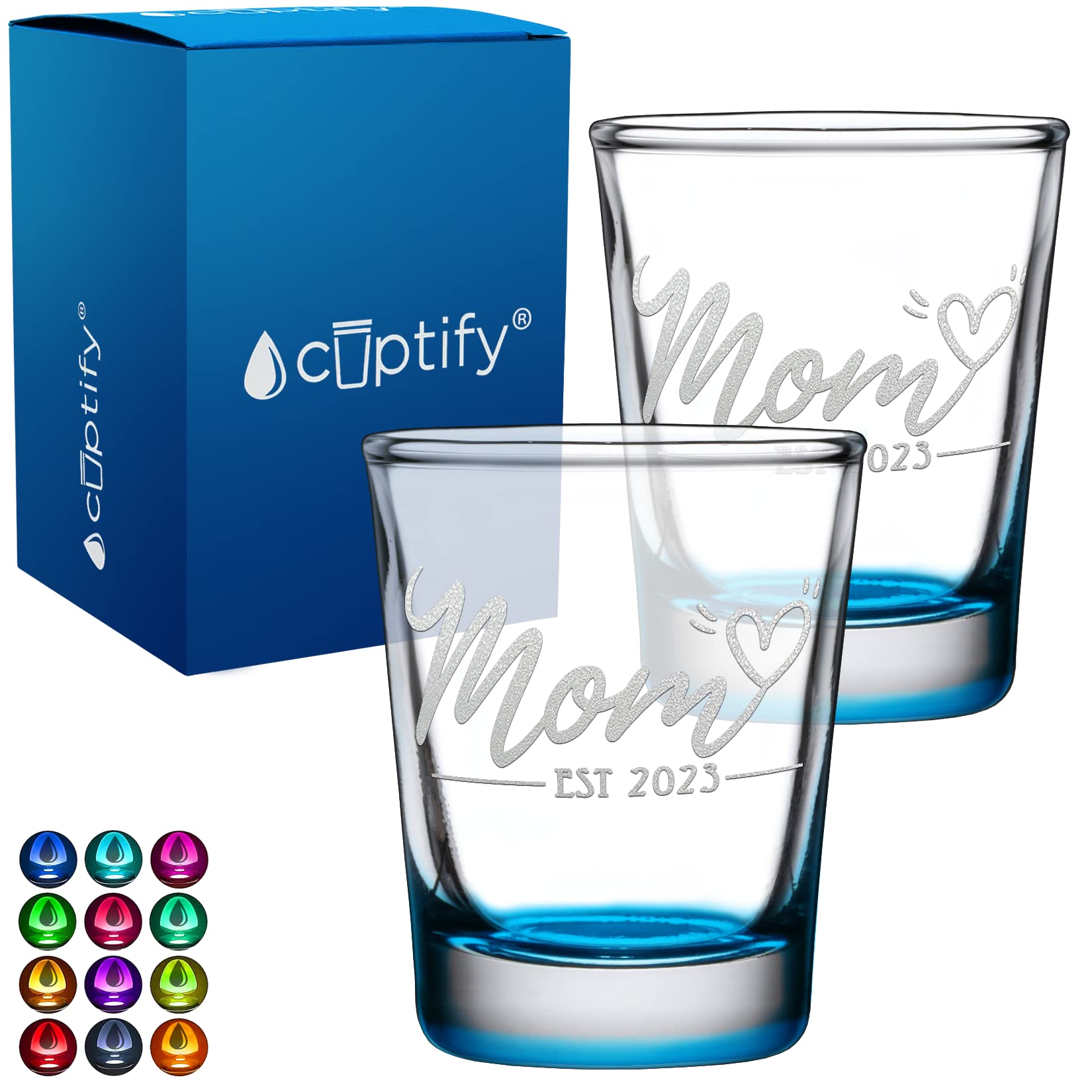 Cuptify Baby Shower Gifts New Mom EST 2023 2oz Light Blue Bottom Etched Shot Glasses Set of 2 Engraved Party Favors Birthday Gift for Mom, Women, Mothers Day