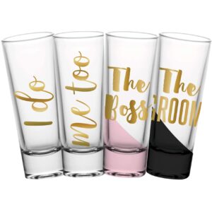 engagement shot glass sets for couples and gay couples toast, i do me too and the boss the groom shooters, wedding and engagement gifts for couples newly engaged, 2 sets