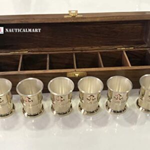 Nautical-Mart Brass Tequila Shot Glass with Anchor Monogram in Handmade Wooden Box – Six Glass Set