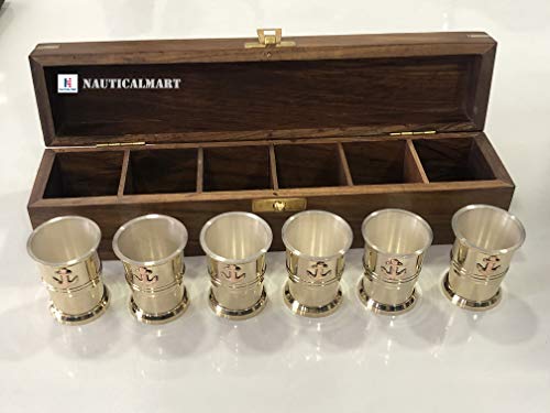 Nautical-Mart Brass Tequila Shot Glass with Anchor Monogram in Handmade Wooden Box – Six Glass Set