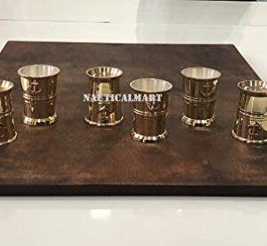 Nautical-Mart Brass Tequila Shot Glass with Anchor Monogram in Handmade Wooden Box – Six Glass Set