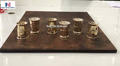 Nautical-Mart Brass Tequila Shot Glass with Anchor Monogram in Handmade Wooden Box – Six Glass Set