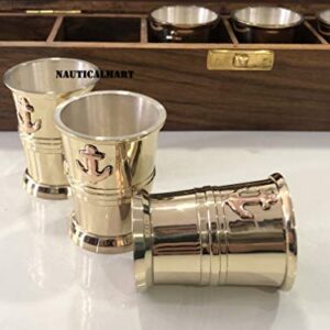 Nautical-Mart Brass Tequila Shot Glass with Anchor Monogram in Handmade Wooden Box – Six Glass Set