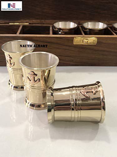 Nautical-Mart Brass Tequila Shot Glass with Anchor Monogram in Handmade Wooden Box – Six Glass Set