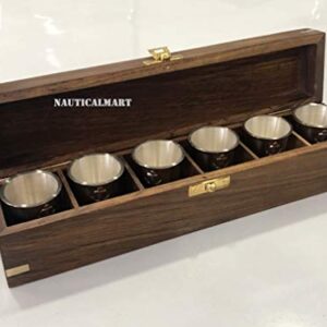 Nautical-Mart Brass Tequila Shot Glass with Anchor Monogram in Handmade Wooden Box – Six Glass Set