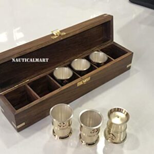 Nautical-Mart Brass Tequila Shot Glass with Anchor Monogram in Handmade Wooden Box – Six Glass Set