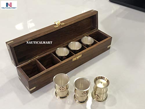 Nautical-Mart Brass Tequila Shot Glass with Anchor Monogram in Handmade Wooden Box – Six Glass Set