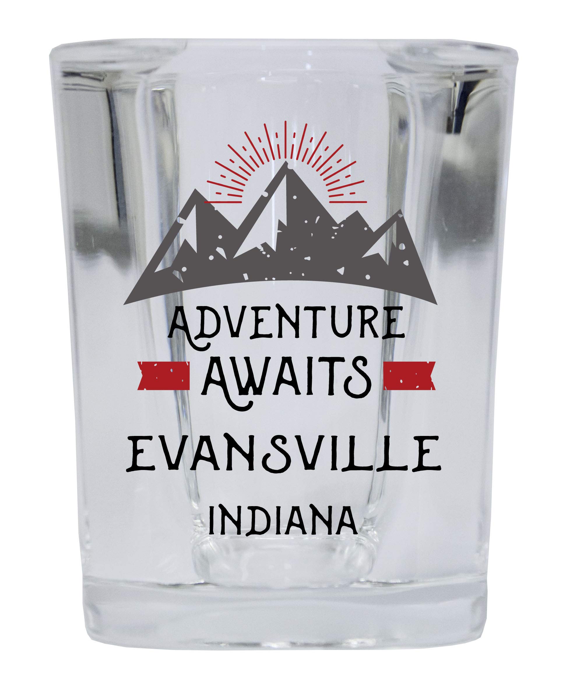 R and R Imports Evansville Indiana Souvenir 2 Ounce Square Base Liquor Shot Glass Adventure Awaits Design