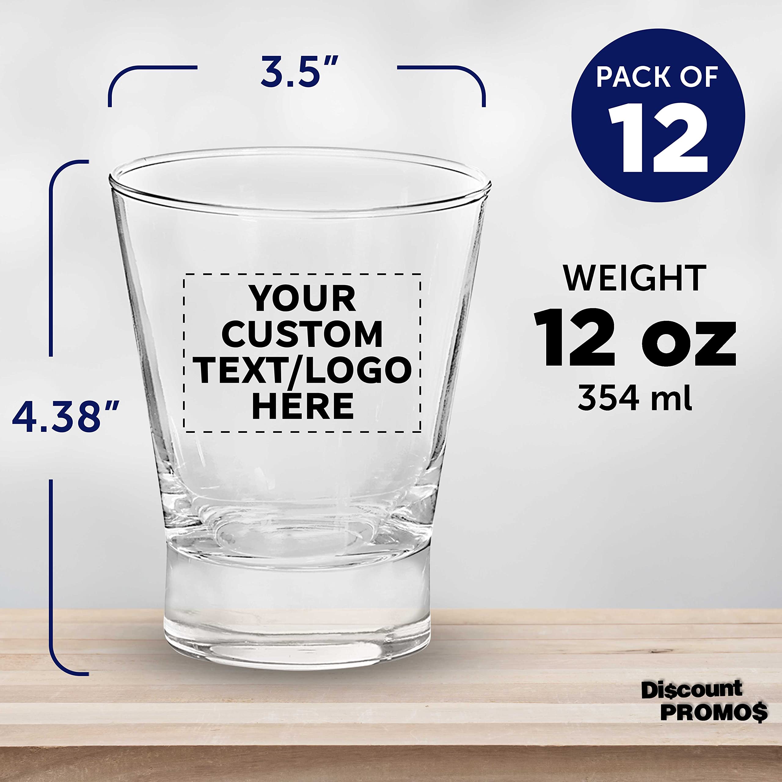 Custom Logo Whiskey Glasses 12 oz. Set of 12, Personalized Bulk Pack - Perfect for Scotch, Bourbon, Whiskey, Cocktail- Clear